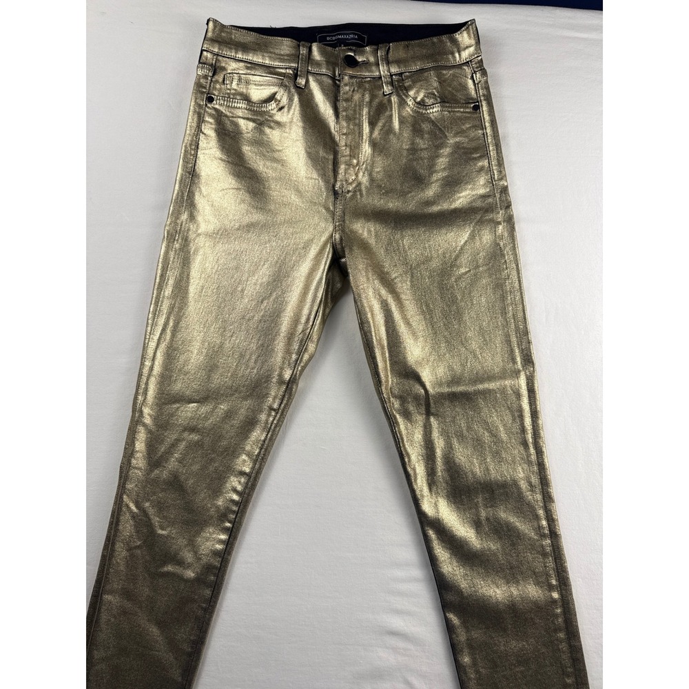 BCBG Max Azria Gold Finished Metallic Skinny Jeans Womens 29